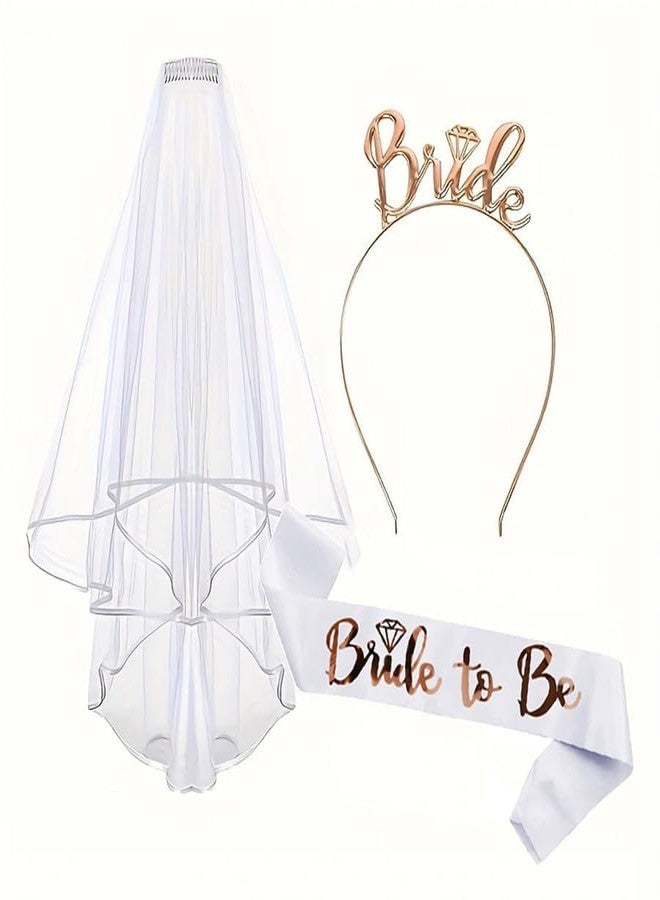 BCNJEPIN 3pcs Bride to Be Decoration, Bride to Be Props, Party Decorations, Pink Strip With Rose Gold Letters, Rose Gold Crown, and Lace Veil for Single Party Props, Used for Bridal Decoration, Wedding - Image 1